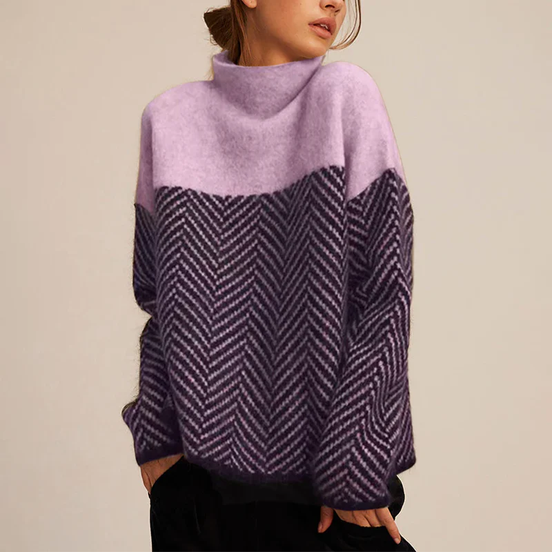 Arla Pull à Col Roulé pour Femme – Pull en Cachemire Chaud avec Coupe Ample et Motif Chevron Tendance - Image 3