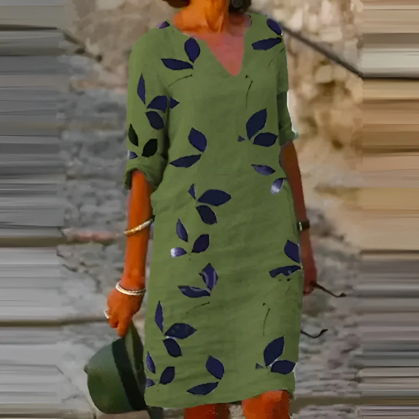 Demi Robe d'Été Femme – Robe Élégante à Imprimé Feuilles avec Col en V & Manches 3/4 pour Jours Chauds - Image 3