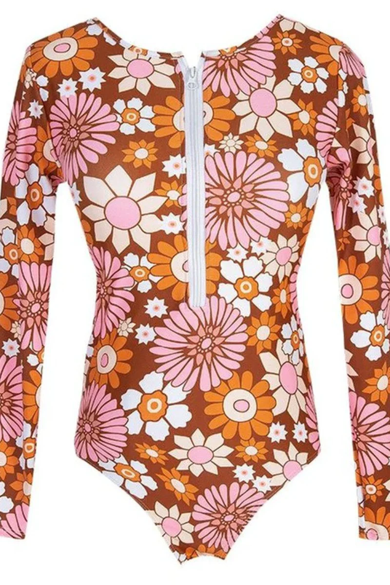 Laila Maillot Une Pièce Femme – Combinaison de Bain Florale à Manches Longues avec Zip Frontal - Image 3